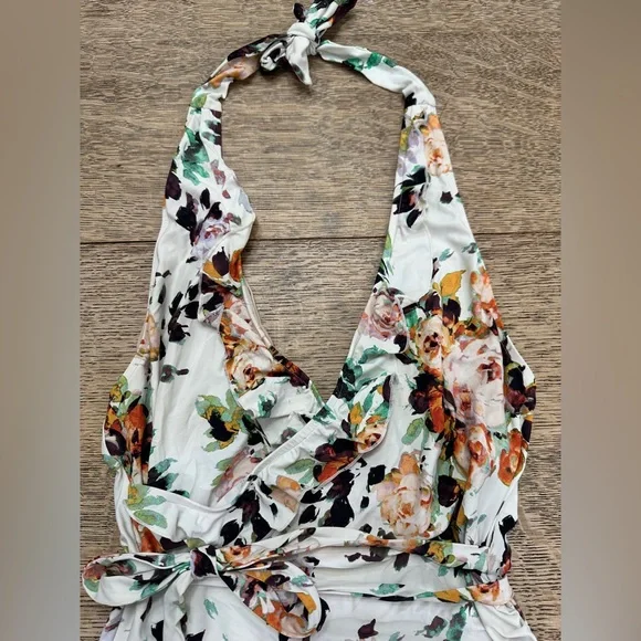 Anthropologie Allihop Ruffle Floral Halter Ruching Tie Waist One-Piece Swimsuit - Picture 3 of 13